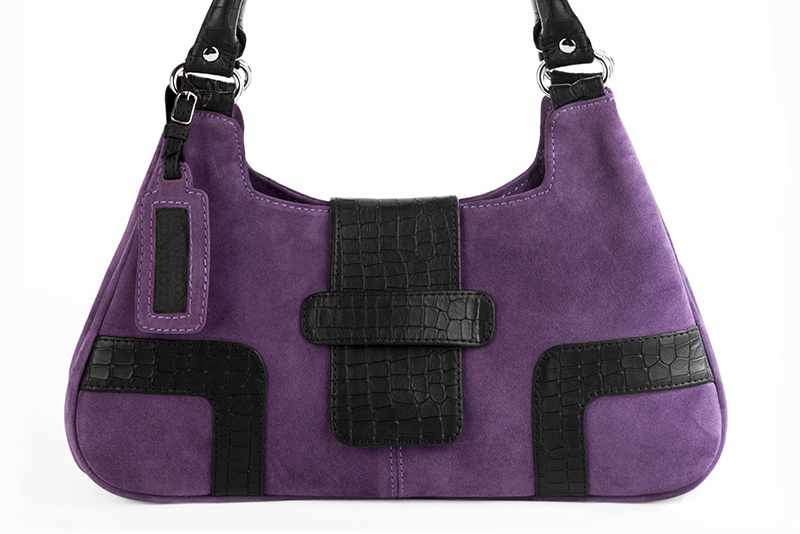 Dress handbag in amethyst purple and satin black leather - Profile view